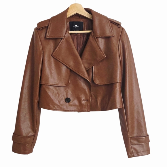 7 For All Mankind Cognac Brown Faux Leather Cropped Moto Jacket S Quiet Luxury - Picture 2 of 15